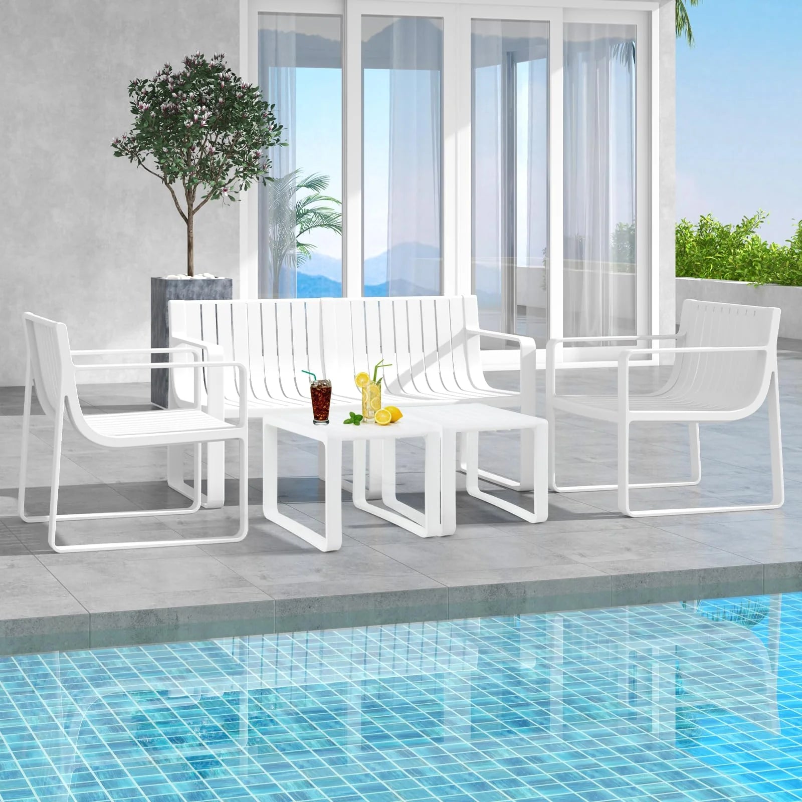 All-Weather Plastic Outdoor Patio Bench, 2-Person Garden Loveseat with Curved Backrest & Slatted Design - Product image 17