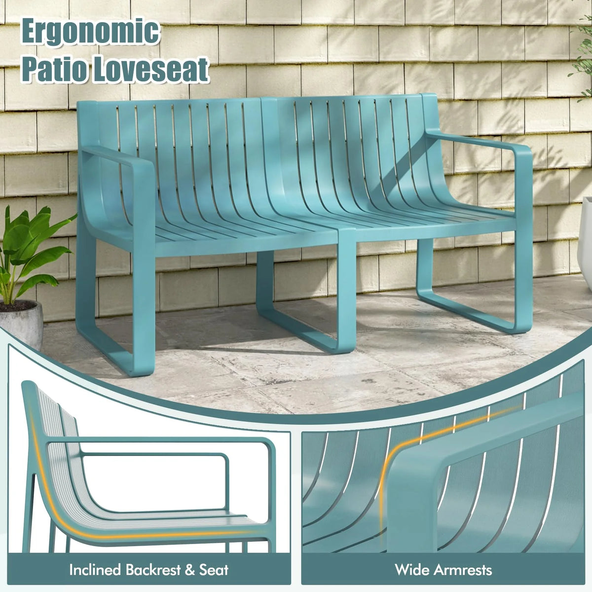 All-Weather Plastic Outdoor Patio Bench, 2-Person Garden Loveseat with Curved Backrest & Slatted Design for - Product image 7