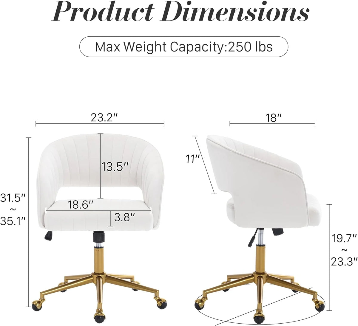 Home Office Swivel Desk Chair, Modern Velvet Vanity Chair, Height Adjustable Armchair with Gold Base - Product image 5