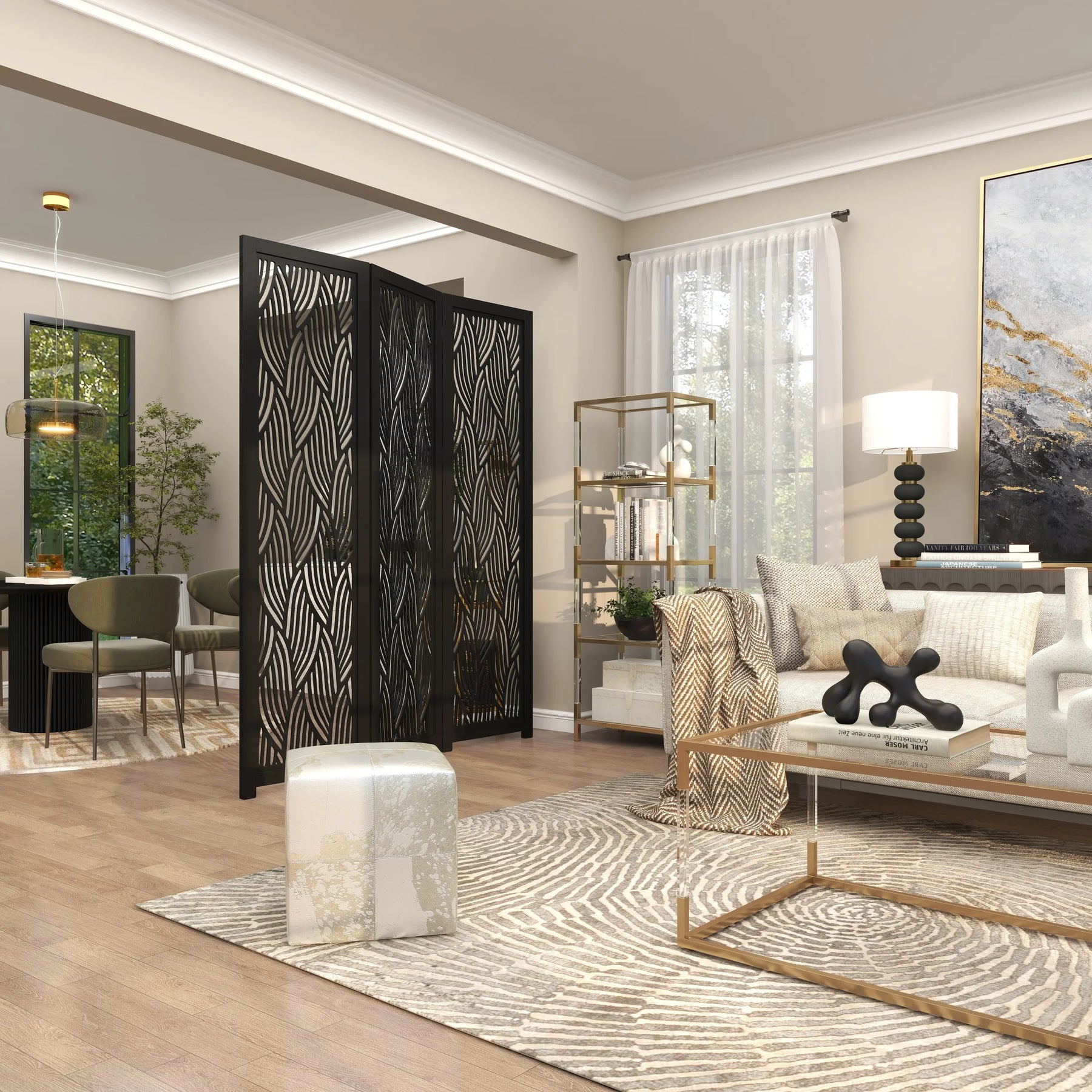Decmode 60" x 72" Black Mango Wood Abstract Wavy Cutout 3 Panel Room Divider Screen, 1 - Piece - Product image 12