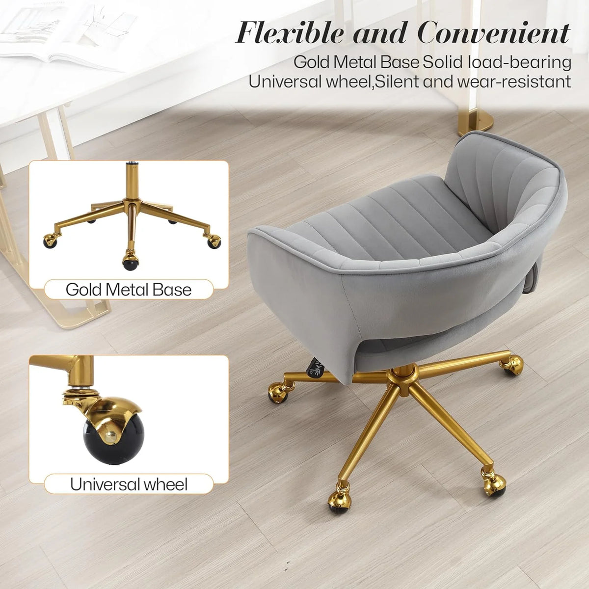Home Office Swivel Desk Chair, Modern Velvet Vanity Chair, Height Adjustable Armchair with Gold Base - Product image 18