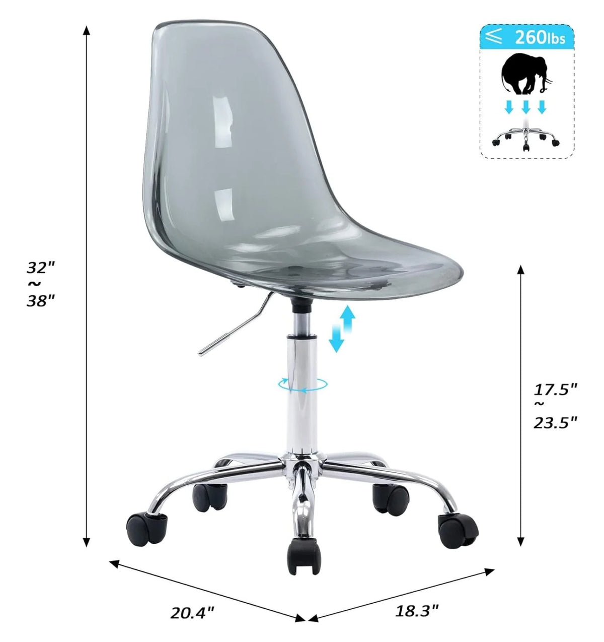 Echoworld Clear Rolling Chair, Armless Desk Chair with Golden Feet Swivel Molded Plastic Shell Adjustable - Product image 35