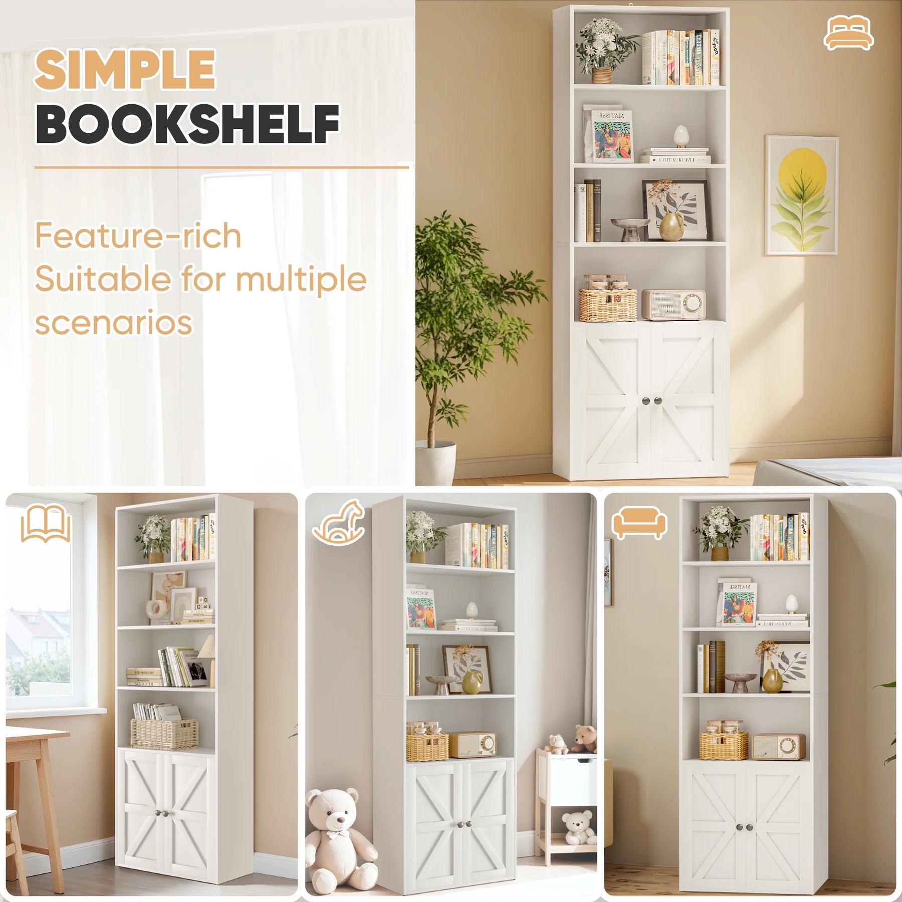 Furmax 1 Piece 4 - Shelf Farmhouse Bookcases 4 - Tier Bookshelf with Adjustable Shelves&Doors - Product image 4