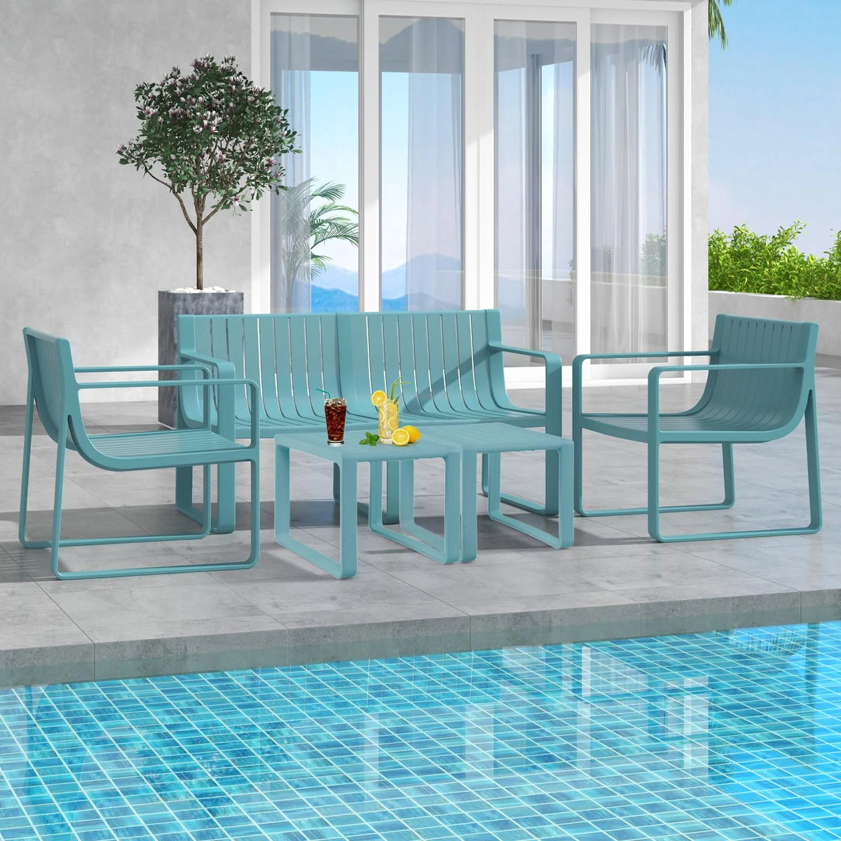 All-Weather Plastic Outdoor Patio Bench, 2-Person Garden Loveseat with Curved Backrest & Slatted Design for - Product image 5